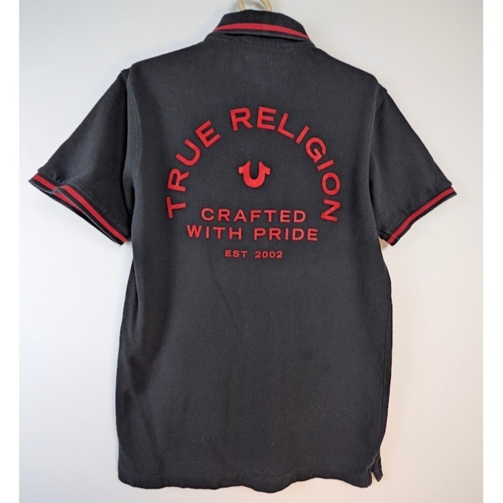 True Religion Mens Polo Shirt SM Black Red Logo Crafted With Pride Short Sleeve